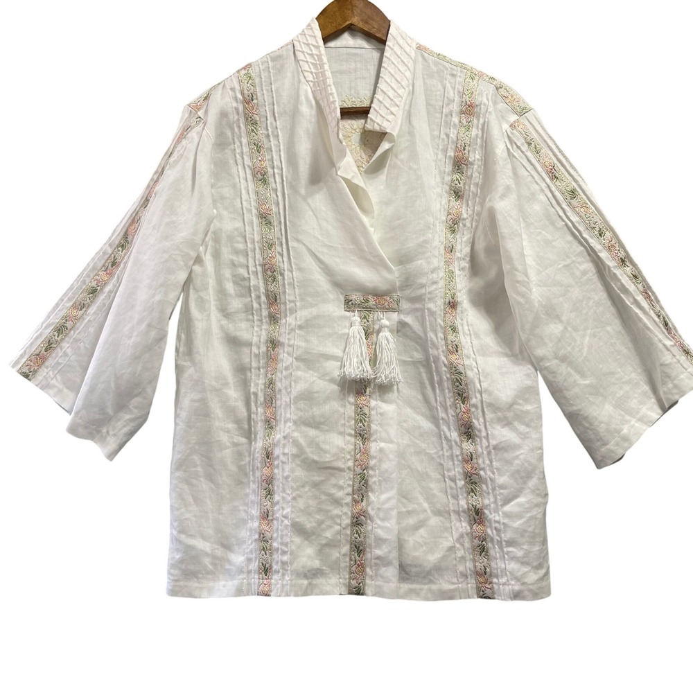 Womens Linen Pintuck Top M White Embroidered Tassel Boho Cottage Artisan Ethnic